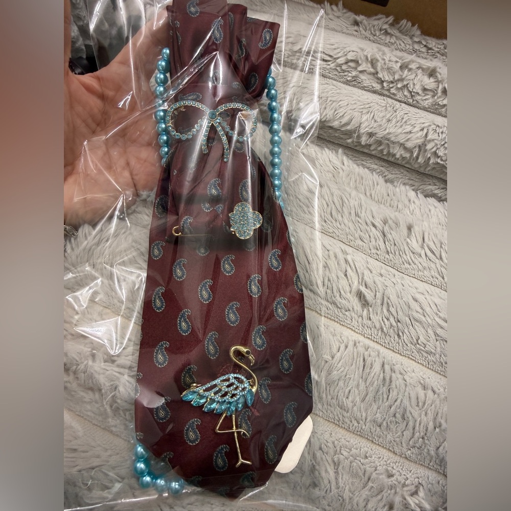 Upcycle Elegant Paisley Blue flamingo Tie necklace